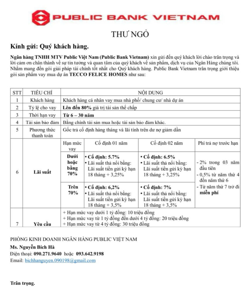 lãi suất cho vay của ngân hàng Public Bank cho vay mua chung cư Tecco Felice Homes Bình Dương