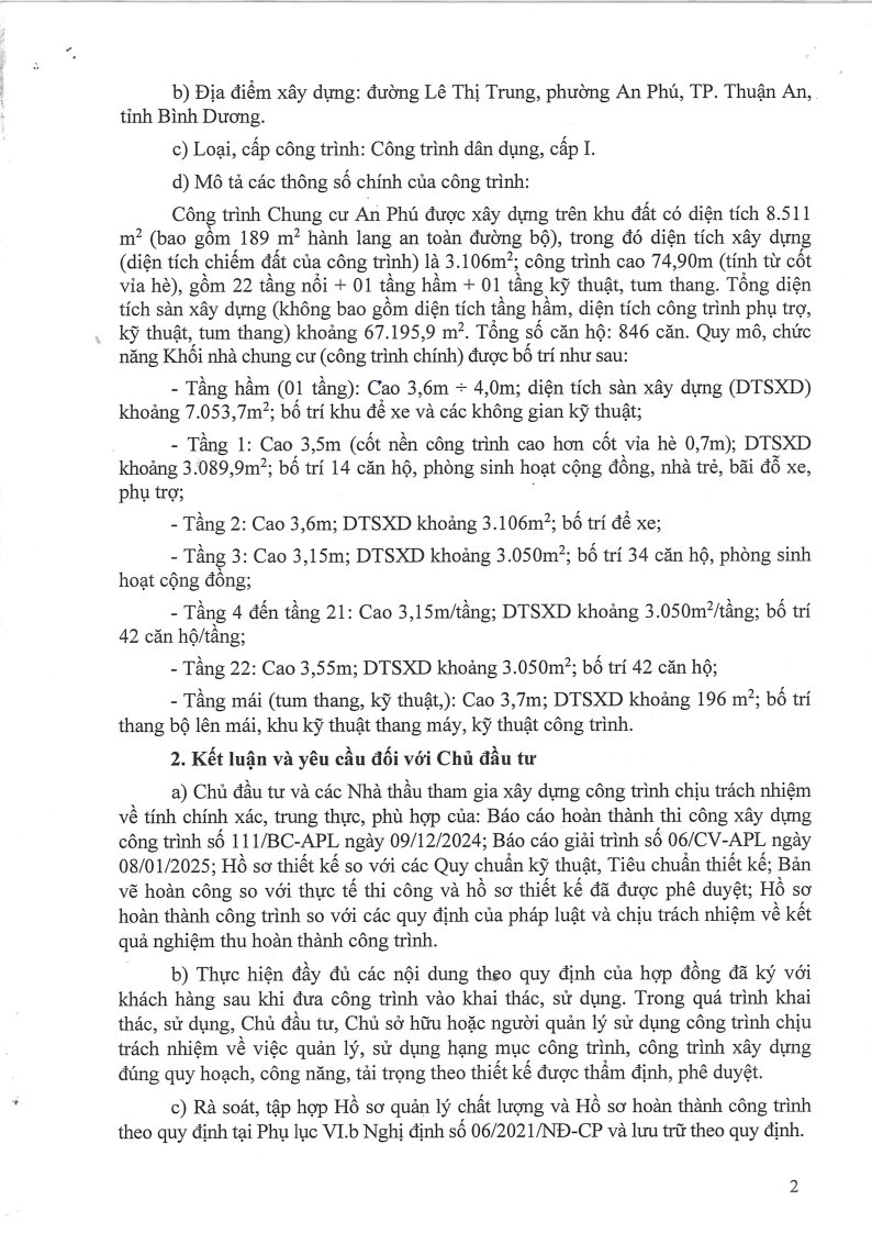 Văn bản thông báo kết quả nghiệm thu hoàn thành công trình để đưa vào sử dụng dự án chung cư An Phú (An Phú Land) - Tecco Felice Homes Thuận An Bình Dương