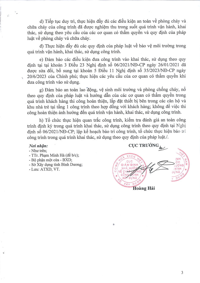 Văn bản thông báo kết quả nghiệm thu hoàn thành công trình để đưa vào sử dụng dự án chung cư An Phú (An Phú Land) - Tecco Felice Homes Thuận An Bình Dương
